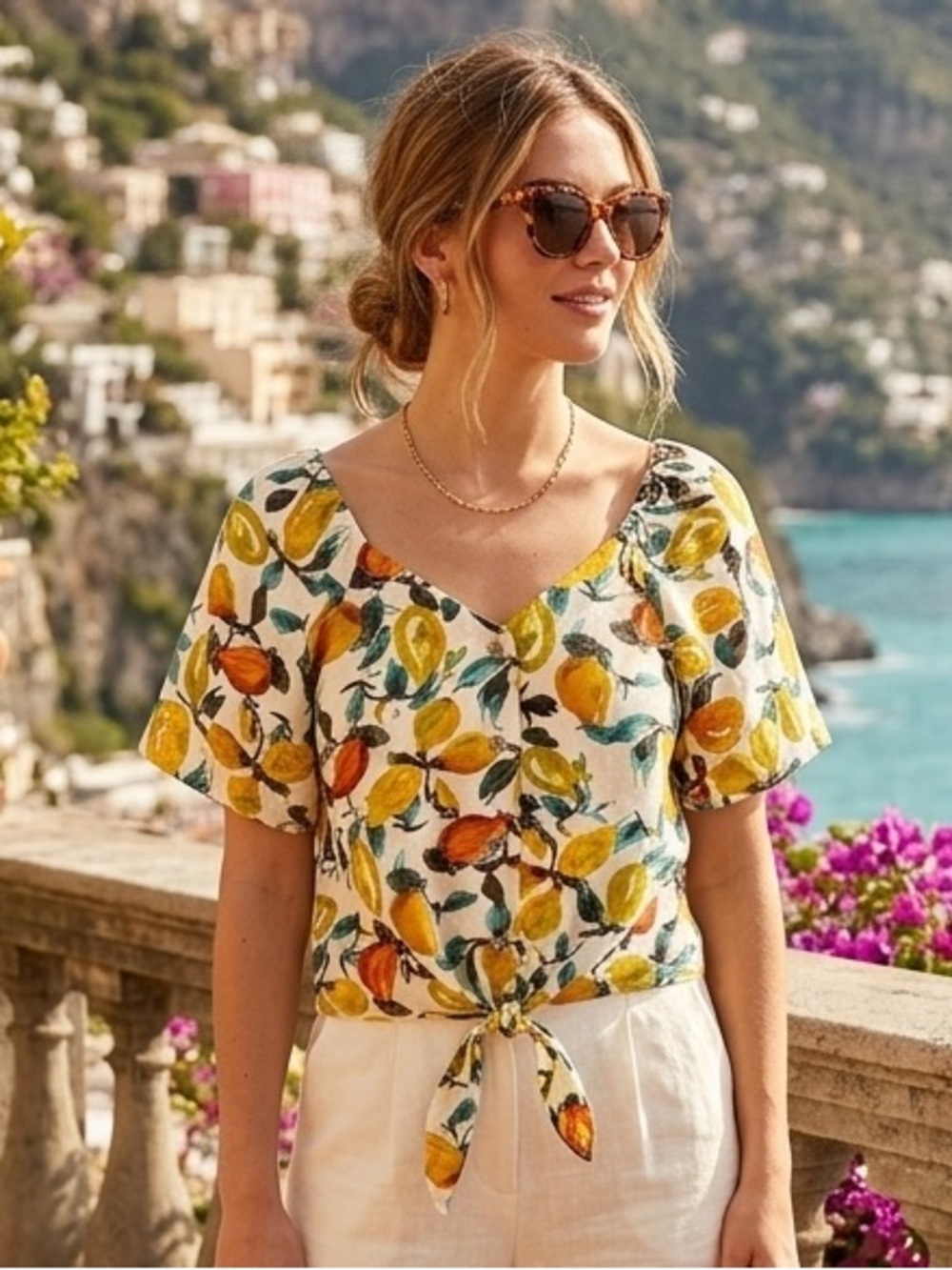 AVA JAMES Lemon Citrus Print Linen Blend Tie Front Blouse Small